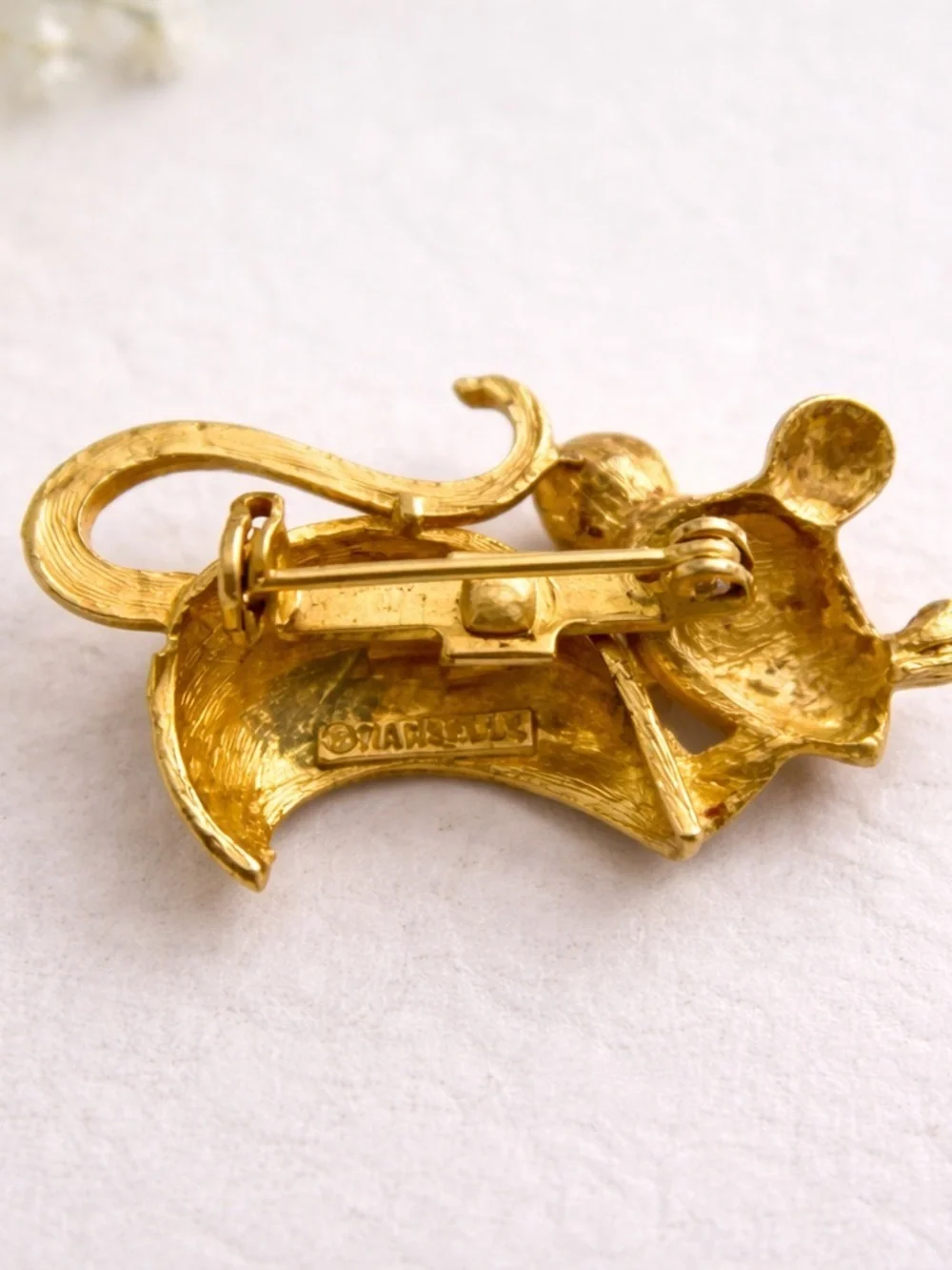 Vintage Monet Gold Tone Mouse Brooch Red Rhinestone Eye Figural Pin